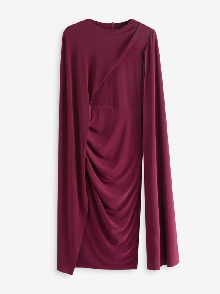 Club L London Burgundy Red Marysol Asymmetric  Cape Midi Dress - Image 6 of 6
