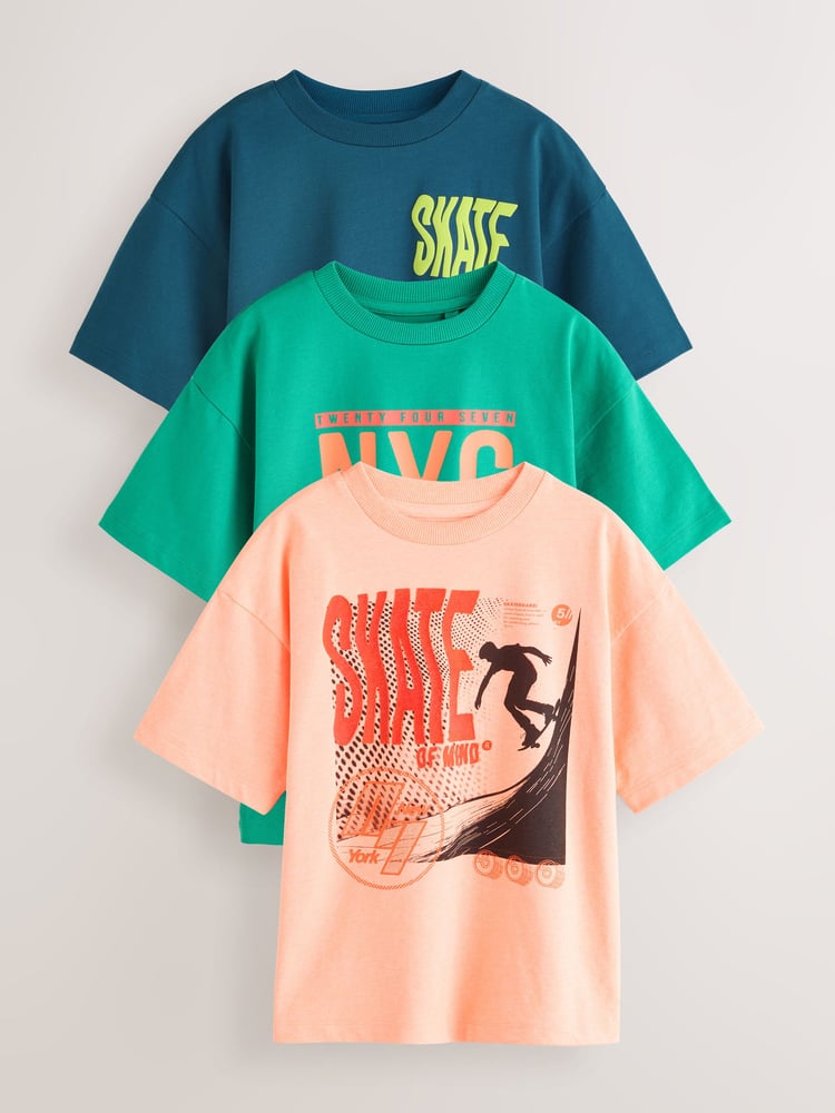 Fluro Coral/ Blue/ Green Skate Relaxed Fit Graphic Print Short Sleeve 100% Cotton T-Shirts 3 Pack (3-16yrs) - Image 1 of 8