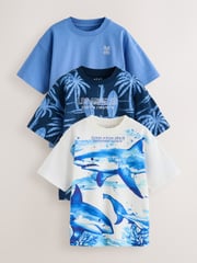Blue/ White Shark Relaxed Fit Graphic Print Short Sleeve 100% Cotton T-Shirts 3 Pack (3-16yrs) - Image 1 of 7