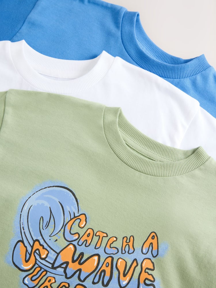 Blue/White/Green Dino Relaxed Fit Graphic Print Short Sleeve 100% Cotton T-Shirts 3 Pack (3-16yrs) - Image 7 of 7
