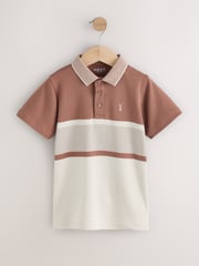 Tan/Ecru Colourblock Stripe Short Sleeve 100% Cotton Polo Shirt (3-16yrs) - Image 1 of 4