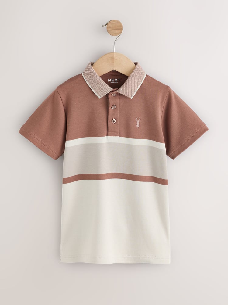 Tan/Ecru Colourblock Stripe Short Sleeve 100% Cotton Polo Shirt (3-16yrs) - Image 1 of 4