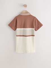 Tan/Ecru Colourblock Stripe Short Sleeve 100% Cotton Polo Shirt (3-16yrs) - Image 2 of 4