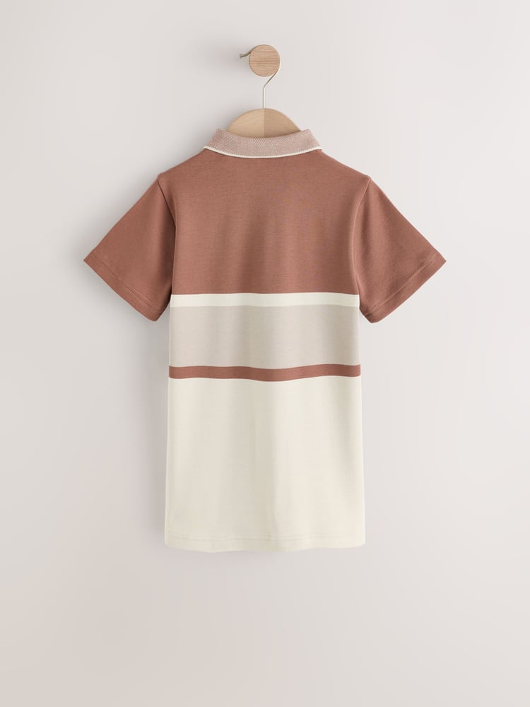 Tan/Ecru Colourblock Stripe Short Sleeve 100% Cotton Polo Shirt (3-16yrs) - Image 2 of 4