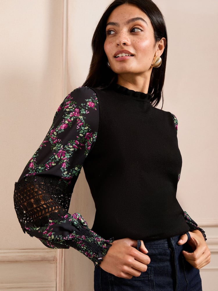 Love & Roses Black Floral Woven Sleeve Frill Neck Finge Gauge Knitted Jumper - Image 1 of 4 Love & Roses Black Floral Woven Sleeve Frill Neck Finge Gauge Knitted Jumper - Image 1 of 4