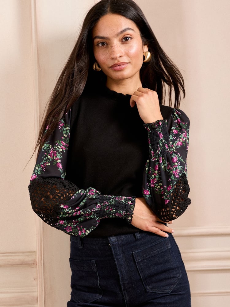 Love & Roses Black Floral Woven Sleeve Frill Neck Finge Gauge Knitted Jumper - Image 2 of 4 Love & Roses Black Floral Woven Sleeve Frill Neck Finge Gauge Knitted Jumper - Image 2 of 4