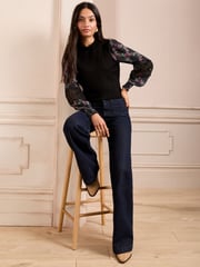 Love & Roses Black Floral Woven Sleeve Frill Neck Finge Gauge Knitted Jumper - Image 3 of 4