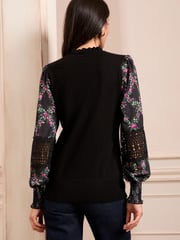 Love & Roses Black Floral Woven Sleeve Frill Neck Finge Gauge Knitted Jumper - Image 4 of 4