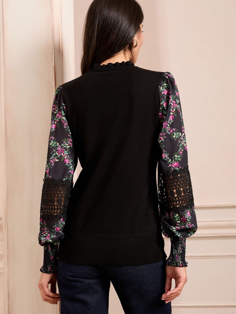 Love & Roses Black Floral Woven Sleeve Frill Neck Finge Gauge Knitted Jumper - Image 4 of 4