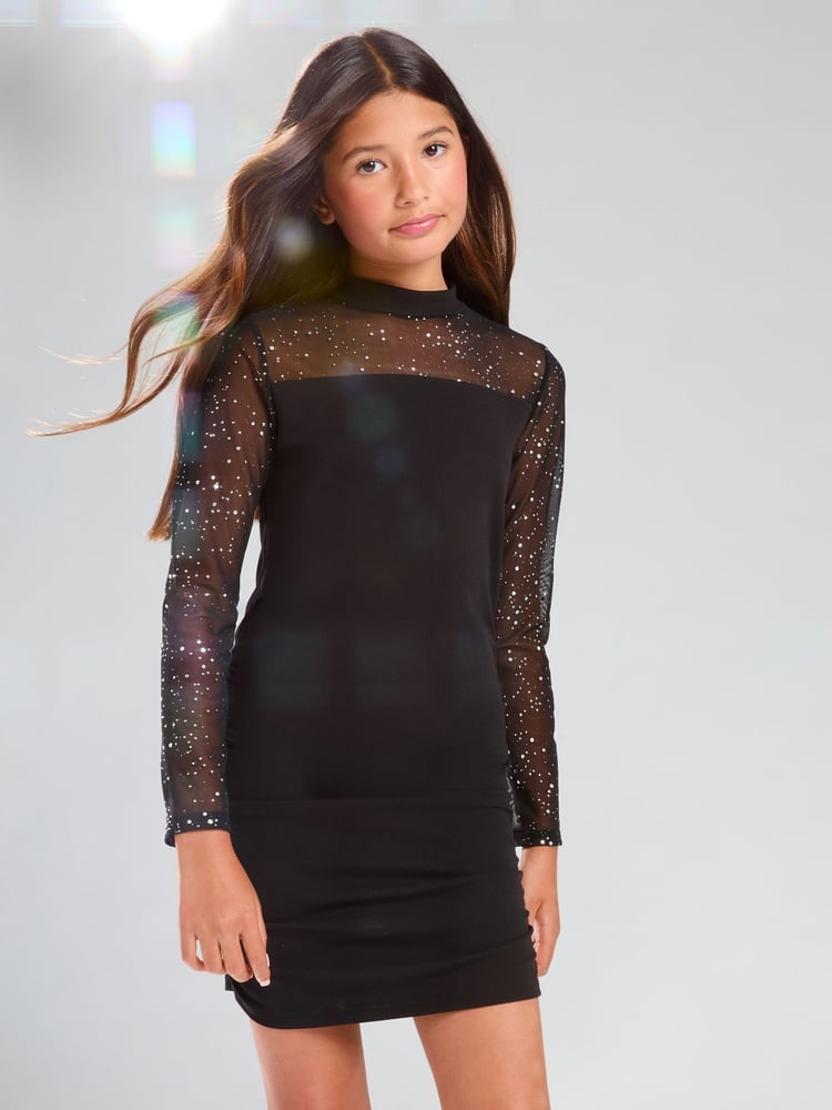 Lipsy Black Teen Glitter Mesh Ruched Dress (10-16yrs) - Image 1 of 4