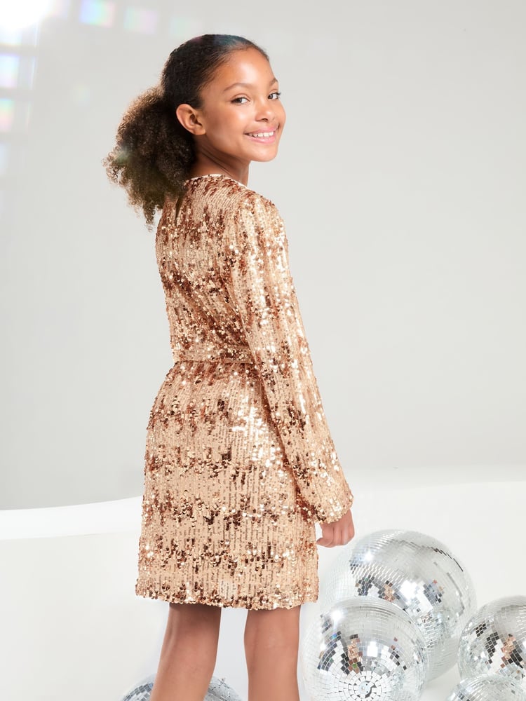 Lipsy Rose Gold Long Sleeve Sequin Party Dress (5-16yrs) - Image 4 of 4