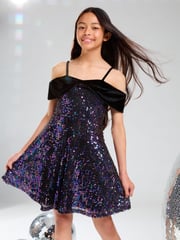 Lipsy Black Sequin 2-in-1 Bow Party Dress (5-16yrs) - Image 1 of 4
