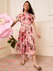 Lipsy Pink Floral Sequin Chiffon Hanky Hem Occasion Dress (5-16yrs) - Image 1 of 4