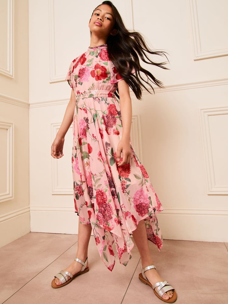 Lipsy Pink Floral Sequin Chiffon Hanky Hem Occasion Dress (5-16yrs) - Image 4 of 4