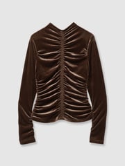 Reiss Chocolate Ari Velvet Ruched Long-Sleeve Top - Image 2 of 6
