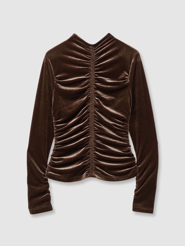 Reiss Chocolate Ari Velvet Ruched Long-Sleeve Top - Image 2 of 6
