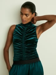 Reiss Teal Niva Racer-Front Ruched-Velvet Sleeveless Top - Image 1 of 7