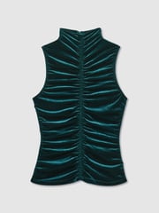 Reiss Teal Niva Racer-Front Ruched-Velvet Sleeveless Top - Image 2 of 7