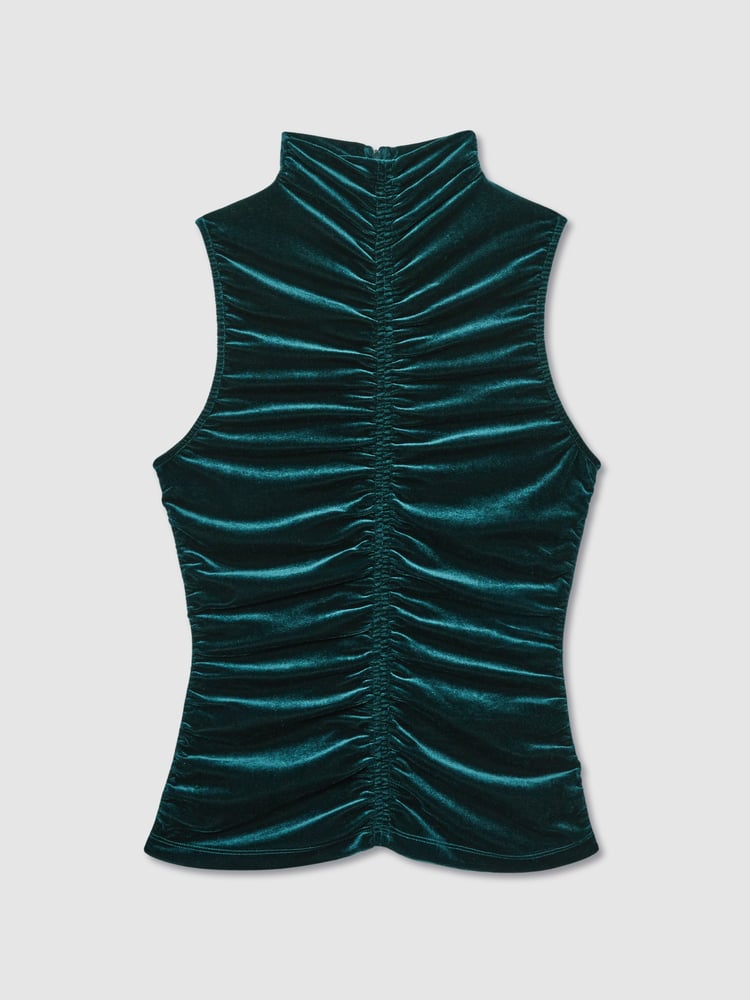 Reiss Teal Niva Racer-Front Ruched-Velvet Sleeveless Top - Image 2 of 7