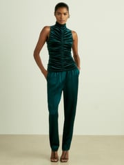 Reiss Teal Niva Racer-Front Ruched-Velvet Sleeveless Top - Image 3 of 7