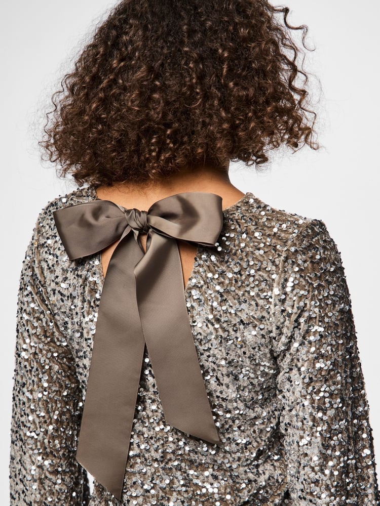 PIECES Grey Long Sleeve Sequin Bow Back Blouse - Image 5 of 5