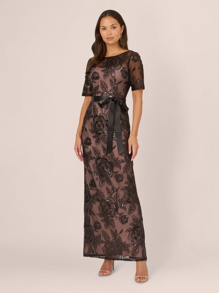 Adrianna Papell Studio Sequin Lace Mermaid Black Dress - Image 1 of 7