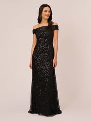 Adrianna Papell Off Shoulder Bead Black Dress - Image 1 of 7