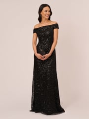 Adrianna Papell Off Shoulder Bead Black Dress - Image 4 of 7
