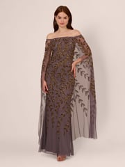 Adrianna Papell Purple Bead Cape Long Dress - Image 1 of 7