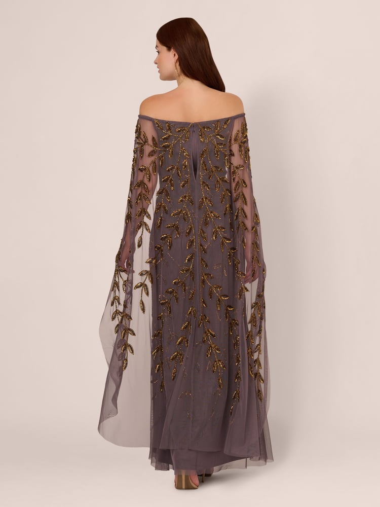 Adrianna Papell Purple Bead Cape Long Dress - Image 2 of 7