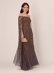 Adrianna Papell Purple Bead Cape Long Dress - Image 3 of 7