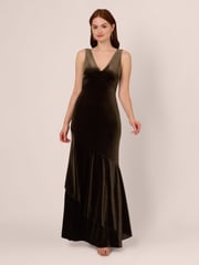 Adrianna Papell Green Velvet Flounce Hem Gown - Image 1 of 7