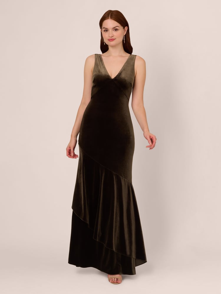 Adrianna Papell Green Velvet Flounce Hem Gown - Image 1 of 7