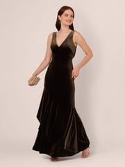 Adrianna Papell Green Velvet Flounce Hem Gown - Image 3 of 7
