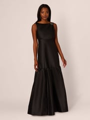 Adrianna Papell Mikado Flounce Shirred Black Gown - Image 1 of 7