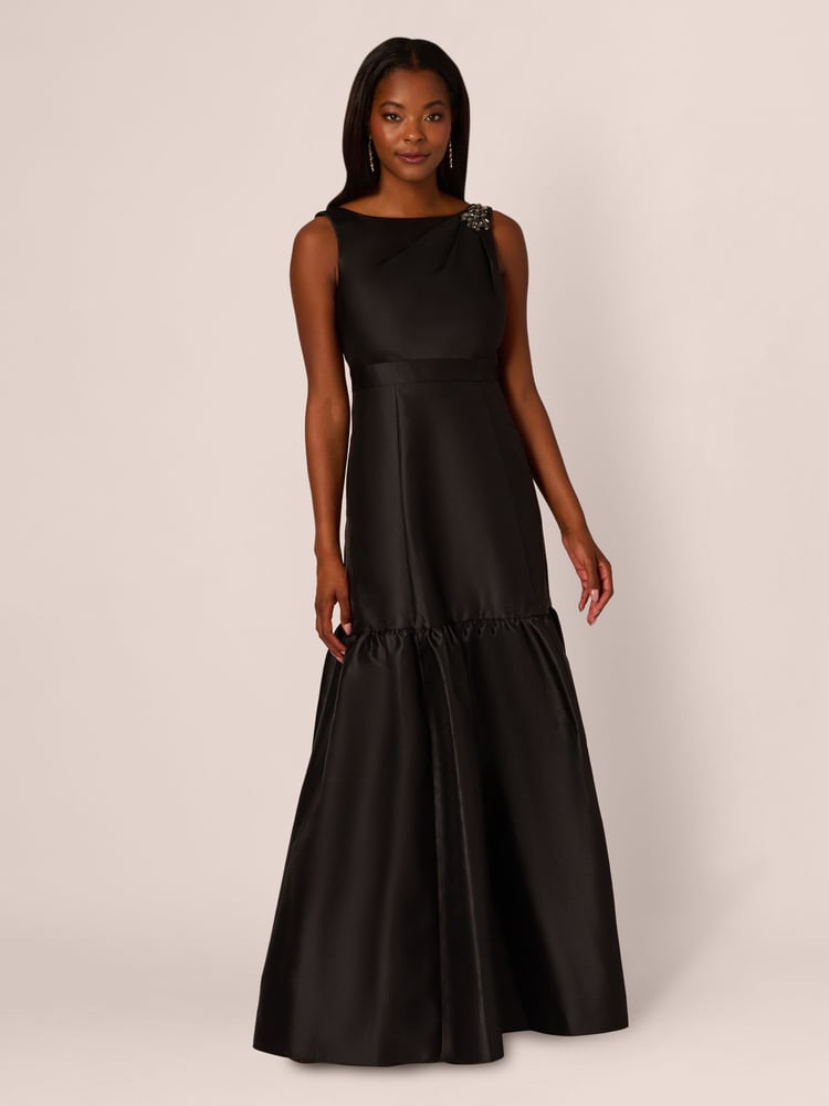 Adrianna Papell Mikado Flounce Shirred Black Gown - Image 1 of 7