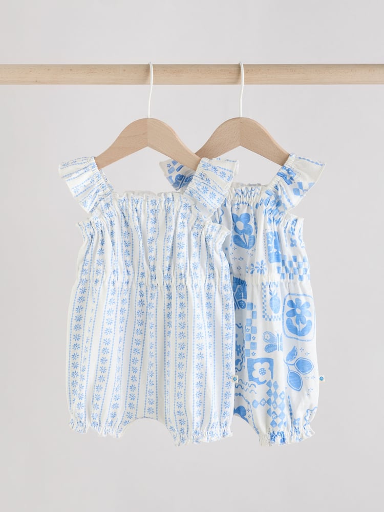 Blue Floral Print 100% Cotton Baby Rompers 2 Pack - Image 1 of 10