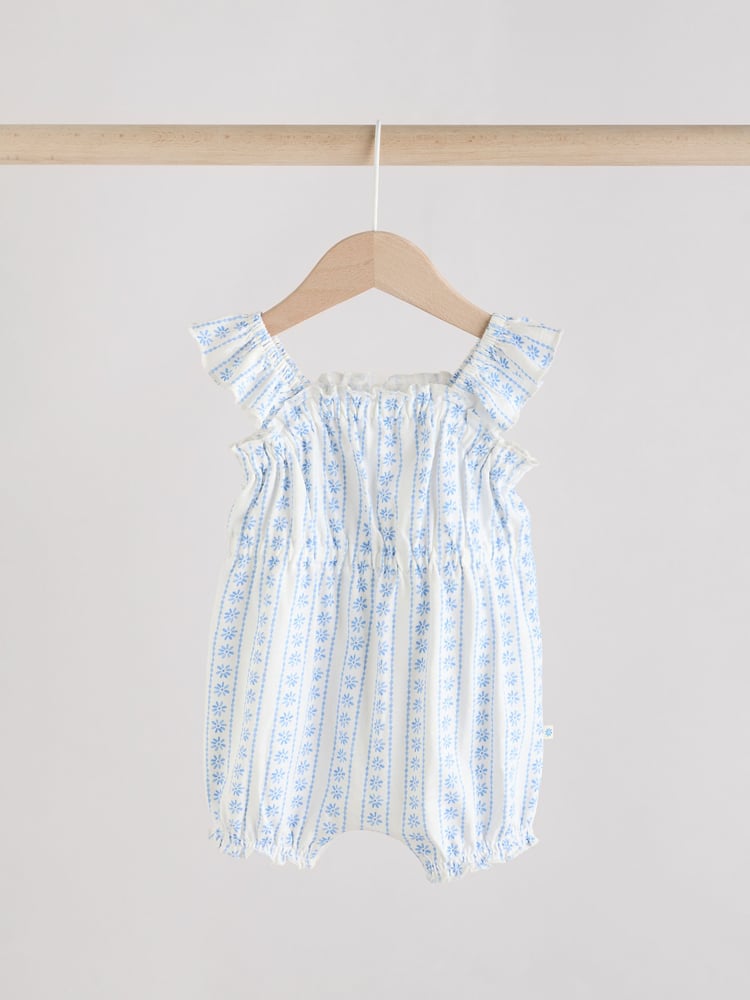 Blue Floral Print 100% Cotton Baby Rompers 2 Pack - Image 2 of 10