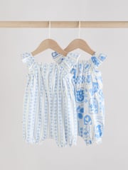Blue Floral Print 100% Cotton Baby Rompers 2 Pack - Image 4 of 10
