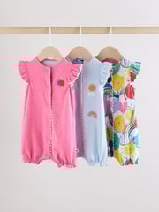 Multi Floral and Stripe Print Baby 100% Cotton Rompers 3 Pack - Image 1 of 12