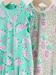 Green/Pink Baby Fruit Printed Frill 100% Cotton Rompers 2 Pack - Image 6 of 10