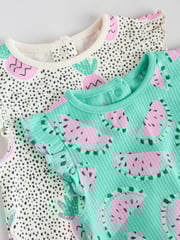 Green/Pink Baby Fruit Printed Frill 100% Cotton Rompers 2 Pack - Image 7 of 10