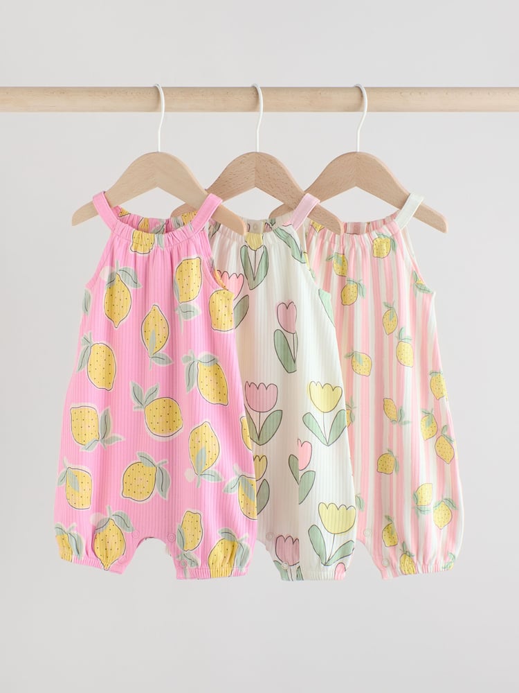 Pink and White Printed Fruit Baby Strappy Rompers 3 Pack - Image 1 of 11