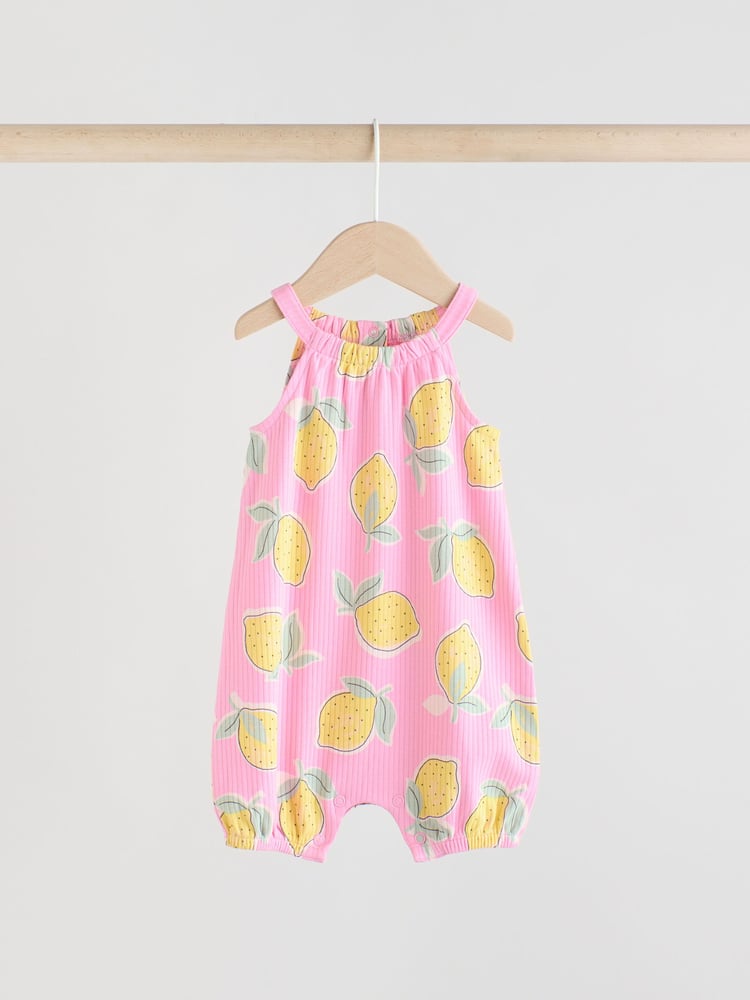 Pink and White Printed Fruit Baby Strappy Rompers 3 Pack - Image 2 of 11