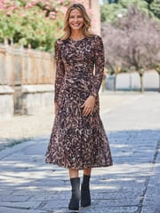 Sosandar Natural Petite Animal Print Mesh Ruched Waist Fit and Flare Dress - Image 1 of 5