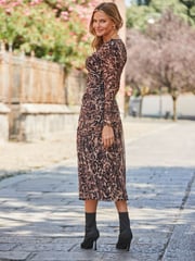 Sosandar Natural Petite Animal Print Mesh Ruched Waist Fit and Flare Dress - Image 3 of 5