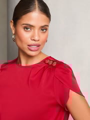 Lipsy Red Tulip Sleeve Round Neck Button Detail Satin Top - Image 2 of 4