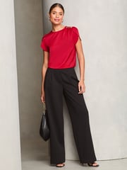 Lipsy Red Tulip Sleeve Round Neck Button Detail Satin Top - Image 3 of 4