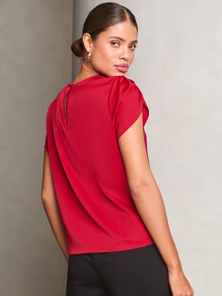 Lipsy Red Tulip Sleeve Round Neck Button Detail Satin Top - Image 4 of 4