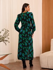 Love & Roses Black Animal Print Ruched Midi Dress - Image 2 of 4